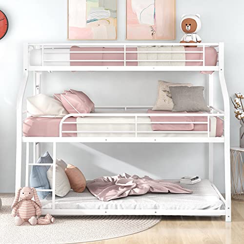 Harper & Bright Designs Metal Triple Bunk Beds,Bunk Beds Twin XL/Full XL/Queen,3 in 1 Triple Bed,Heavy Duty 3 Beds Bunk Bed with Guard Rails & 2 Ladders for Kids,Teens, Adults,White