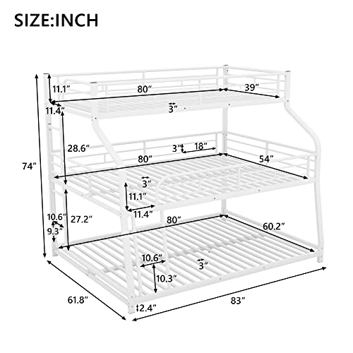 Harper & Bright Designs Metal Triple Bunk Beds,Bunk Beds Twin XL/Full XL/Queen,3 in 1 Triple Bed,Heavy Duty 3 Beds Bunk Bed with Guard Rails & 2 Ladders for Kids,Teens, Adults,White