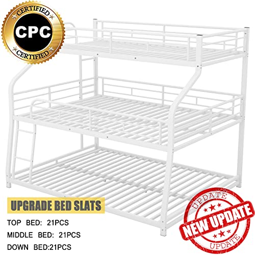 Harper & Bright Designs Metal Triple Bunk Beds,Bunk Beds Twin XL/Full XL/Queen,3 in 1 Triple Bed,Heavy Duty 3 Beds Bunk Bed with Guard Rails & 2 Ladders for Kids,Teens, Adults,White