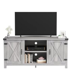 jummico farmhouse tv stand for 65 inch tv, mid century modern television stand entertainment center for living room bedroom, tv console table with double barn doors and storage cabinets (grey)