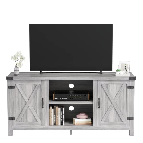 JUMMICO Farmhouse TV Stand for 65 Inch TV, Mid Century Modern Television Stand Entertainment Center for Living Room Bedroom, TV Console Table with Double Barn Doors and Storage Cabinets (Grey)