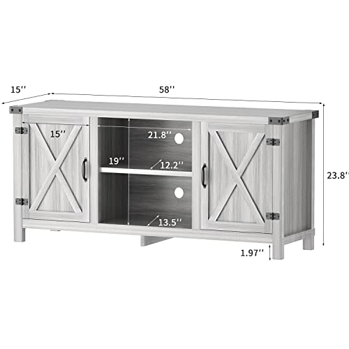 JUMMICO Farmhouse TV Stand for 65 Inch TV, Mid Century Modern Television Stand Entertainment Center for Living Room Bedroom, TV Console Table with Double Barn Doors and Storage Cabinets (Grey)