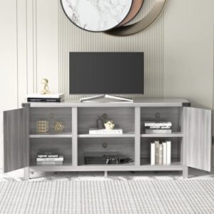 JUMMICO Farmhouse TV Stand for 65 Inch TV, Mid Century Modern Television Stand Entertainment Center for Living Room Bedroom, TV Console Table with Double Barn Doors and Storage Cabinets (Grey)