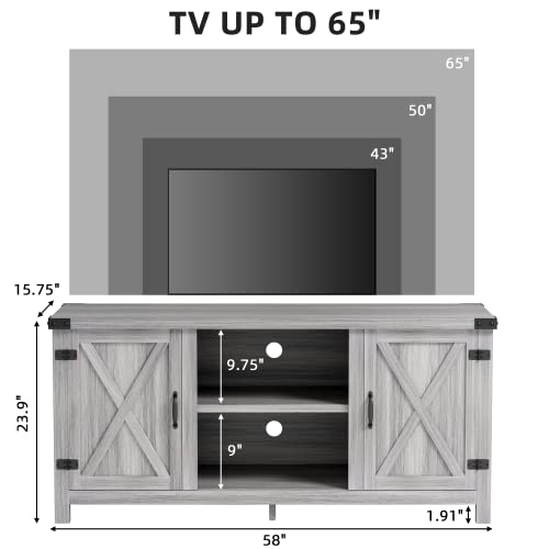 JUMMICO Farmhouse TV Stand for 65 Inch TV, Mid Century Modern Television Stand Entertainment Center for Living Room Bedroom, TV Console Table with Double Barn Doors and Storage Cabinets (Grey)