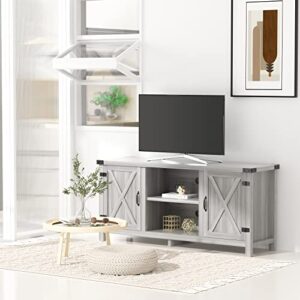 JUMMICO Farmhouse TV Stand for 65 Inch TV, Mid Century Modern Television Stand Entertainment Center for Living Room Bedroom, TV Console Table with Double Barn Doors and Storage Cabinets (Grey)