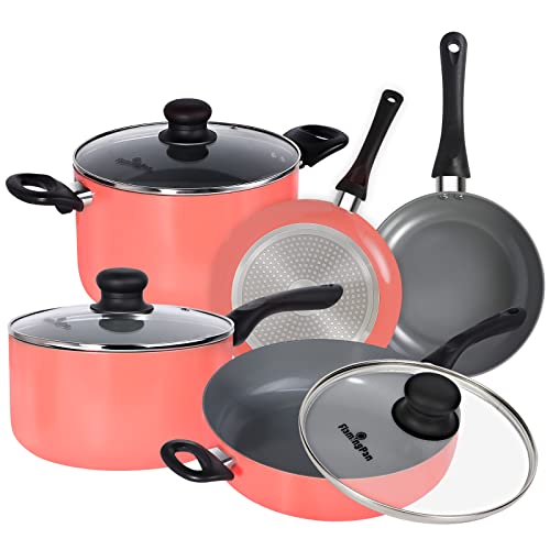 Flamingpan 8-Piece Nonstick Pots and Pans Sets,Kitchen Cookware with Ceramic Coating,Dishwasher Safe,Frying Pan Set with Lid, Induction pans set,Pot and Pan Set with Clearance,Suitable for Any Cooktop