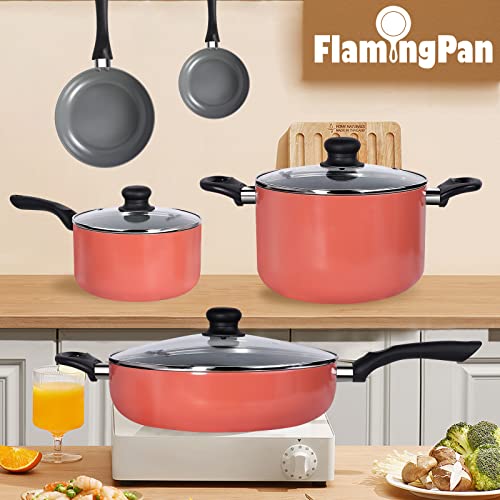 Flamingpan 8-Piece Nonstick Pots and Pans Sets,Kitchen Cookware with Ceramic Coating,Dishwasher Safe,Frying Pan Set with Lid, Induction pans set,Pot and Pan Set with Clearance,Suitable for Any Cooktop