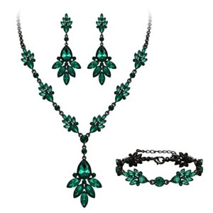 brilove wedding bridal jewelry set marquise crystal teardrop necklace earring bracelet set gift for women brides emerald color black-tone