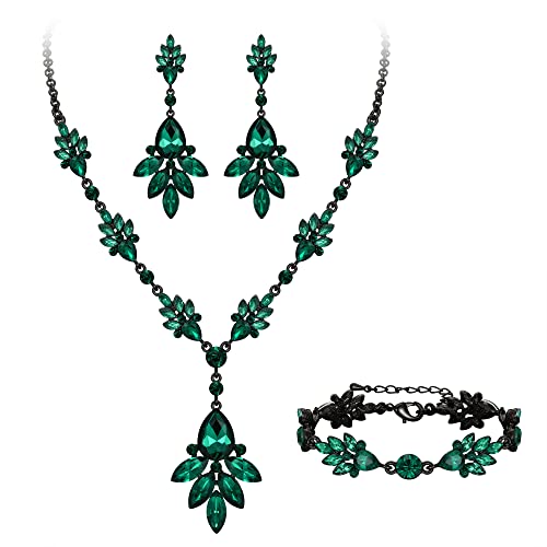 BriLove Wedding Bridal Jewelry Set Marquise Crystal Teardrop Necklace Earring Bracelet Set Gift for Women Brides Emerald Color Black-Tone