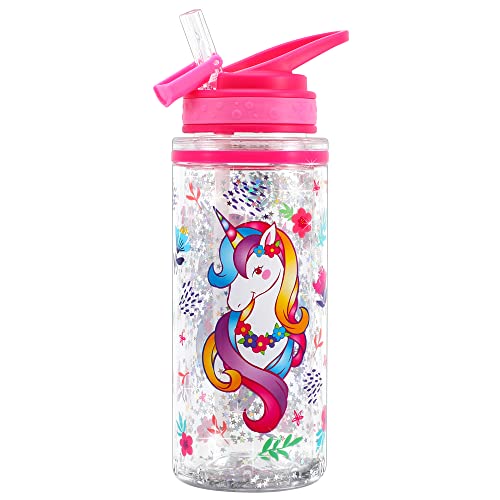 Home Tune Cute Water Bottle for School Kids Girls Boys, BPA FREE Tritan, Double Wall, Leak Proof Flip Straw, Easy Clean, Carry Handle, 15oz/ 450ml - Unicorn