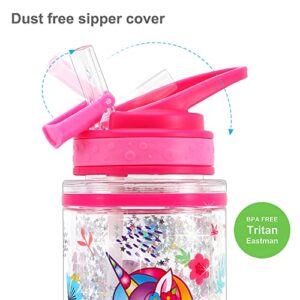 Home Tune Cute Water Bottle for School Kids Girls Boys, BPA FREE Tritan, Double Wall, Leak Proof Flip Straw, Easy Clean, Carry Handle, 15oz/ 450ml - Unicorn