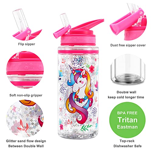 Home Tune Cute Water Bottle for School Kids Girls Boys, BPA FREE Tritan, Double Wall, Leak Proof Flip Straw, Easy Clean, Carry Handle, 15oz/ 450ml - Unicorn