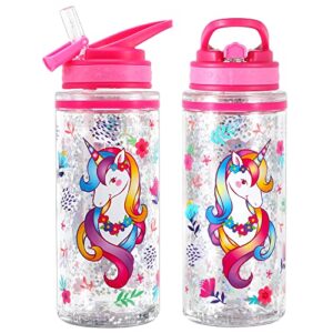 Home Tune Cute Water Bottle for School Kids Girls Boys, BPA FREE Tritan, Double Wall, Leak Proof Flip Straw, Easy Clean, Carry Handle, 15oz/ 450ml - Unicorn