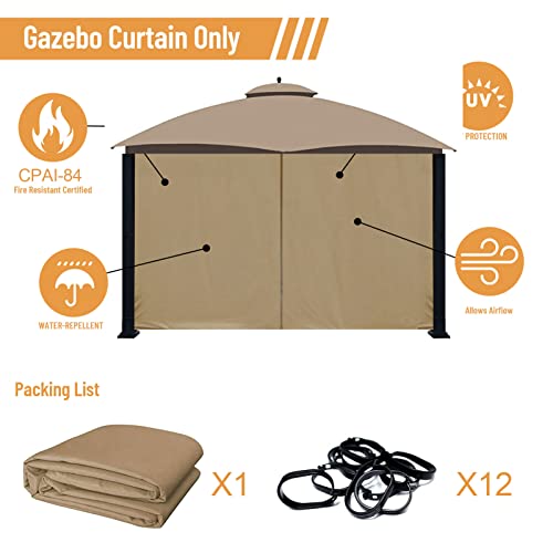 MIHU Gazebo Replacement Curtains for 10x10 or 10x12 Outdoor Gazebo, One Sidewall Privacy Panel with Zipper, Khaki