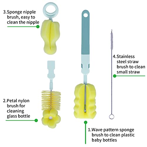 SEBIKAM Reusable Sponge Baby Bottle Cleaning Brush Set,Bottle Scrubber Cleaner, Baby Bottle Cleaner Brush and Nipple Brush & Straw Cleaner, Cleaning Bristle Brush kit,BPA Free,Green