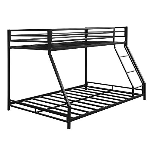 JJRY Twin Over Full Floor Bunk Bed with Inclined Ladder, Stable Metal Bed Frame for Teens/Kids/Adults (Black)