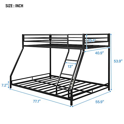 JJRY Twin Over Full Floor Bunk Bed with Inclined Ladder, Stable Metal Bed Frame for Teens/Kids/Adults (Black)