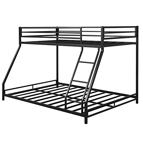 JJRY Twin Over Full Floor Bunk Bed with Inclined Ladder, Stable Metal Bed Frame for Teens/Kids/Adults (Black)