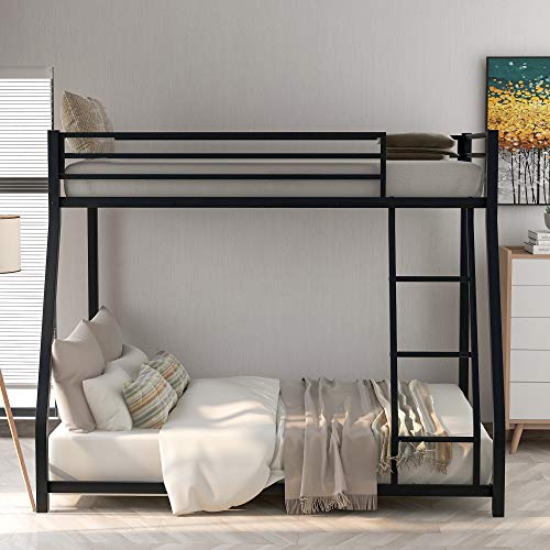 JJRY Twin Over Full Floor Bunk Bed with Inclined Ladder, Stable Metal Bed Frame for Teens/Kids/Adults (Black)