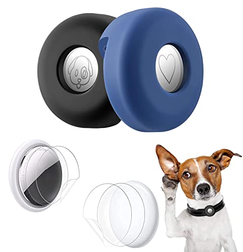 Odnaey Airtag Dog Cat Collar Holder 2 Pack Silicone Pet Collar Case Apple Airtags, Screen Protectors 4 Pcs Used Anti-Lost Case Compatible Cat Dog Collars Loop & Backpack Accessories, M-Black Blue