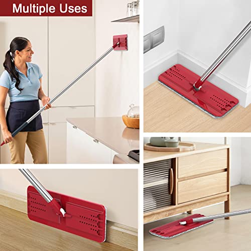 BOSHENG Mop and Bucket with Wringer Set, Hands Free Flat Floor Mop and Bucket, 3 Washable Microfiber Pads Included, Wet and Dry Use, Home Floor Cleaning System, Black and Red