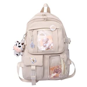 eagerrich kawaii backpack with cute pin accessories plush pendant for school bag student girl backpack super-capacity waterproof travel backpack(beige)