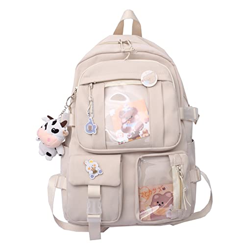 Eagerrich Kawaii Backpack with Cute Pin Accessories Plush Pendant for School Bag Student Girl Backpack Super-Capacity Waterproof Travel Backpack(Beige)