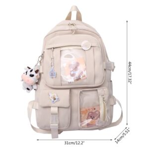 Eagerrich Kawaii Backpack with Cute Pin Accessories Plush Pendant for School Bag Student Girl Backpack Super-Capacity Waterproof Travel Backpack(Beige)