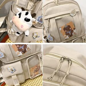 Eagerrich Kawaii Backpack with Cute Pin Accessories Plush Pendant for School Bag Student Girl Backpack Super-Capacity Waterproof Travel Backpack(Beige)