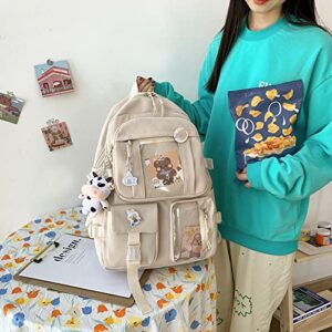 Eagerrich Kawaii Backpack with Cute Pin Accessories Plush Pendant for School Bag Student Girl Backpack Super-Capacity Waterproof Travel Backpack(Beige)