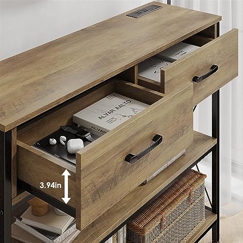 HITHOS Industrial Console Table with Drawers, Vintage Hallway Foyer Table with Storage Shelves, Narrow Long Sofa Entryway Table for Living Room, Rustic Brown