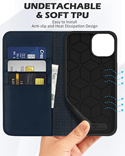 SHIELDON Case for iPhone 13 6.1", Genuine Leather iPhone 13 Wallet Folio Case with Kickstand RFID Blocking Card Holder Magnetic Full Protection Shockproof Case Compatible with iPhone 13 5G - Navy Blue