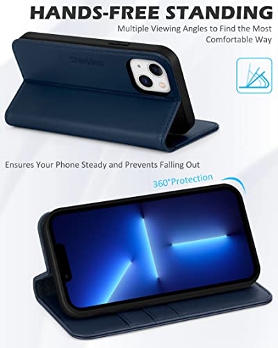 SHIELDON Case for iPhone 13 6.1", Genuine Leather iPhone 13 Wallet Folio Case with Kickstand RFID Blocking Card Holder Magnetic Full Protection Shockproof Case Compatible with iPhone 13 5G - Navy Blue