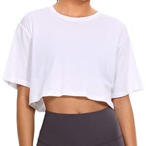 CRZ YOGA Women's Pima Cotton Workout Crop Tops Short Sleeve Yoga Shirts Casual Athletic Running T-Shirts White Medium
