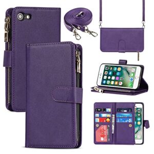 jaorty iphone se 2022/se 2020/iphone 8/iphone 7 phone case wallet for women men with card holder,iphone se 2022 crossbody case with strap shoulder lanyard,zipper pocket pu leather cases,4.7" purple
