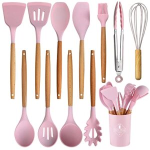 keidason silicone cooking utensils set, 12-piece kitchen utensil set non-stick cookware is heat-resistant, bpa-free, cooking tools, stirring kitchen tool set (pink)