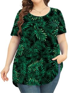 jueyun plus size women's 2023 casual summer short sleeve tops loose flowy tunic cute pleated flower print tee shirts,leaf green,2x-large