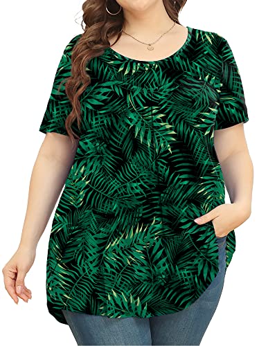 JUEYUN Plus Size Women's 2023 Casual Summer Short Sleeve Tops Loose Flowy Tunic Cute Pleated Flower Print Tee Shirts,Leaf Green,2X-Large