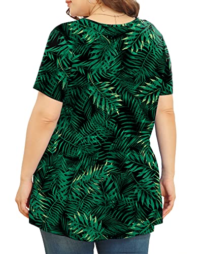 JUEYUN Plus Size Women's 2023 Casual Summer Short Sleeve Tops Loose Flowy Tunic Cute Pleated Flower Print Tee Shirts,Leaf Green,2X-Large