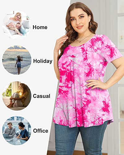 JUEYUN Plus Size Women's 2023 Casual Summer Short Sleeve Tops Loose Flowy Tunic Cute Pleated Flower Print Tee Shirts,Leaf Green,2X-Large