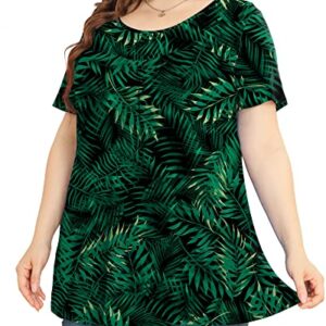 JUEYUN Plus Size Women's 2023 Casual Summer Short Sleeve Tops Loose Flowy Tunic Cute Pleated Flower Print Tee Shirts,Leaf Green,2X-Large
