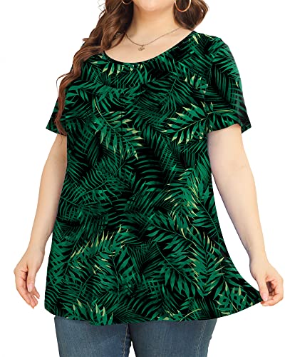 JUEYUN Plus Size Women's 2023 Casual Summer Short Sleeve Tops Loose Flowy Tunic Cute Pleated Flower Print Tee Shirts,Leaf Green,2X-Large