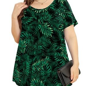 JUEYUN Plus Size Women's 2023 Casual Summer Short Sleeve Tops Loose Flowy Tunic Cute Pleated Flower Print Tee Shirts,Leaf Green,2X-Large