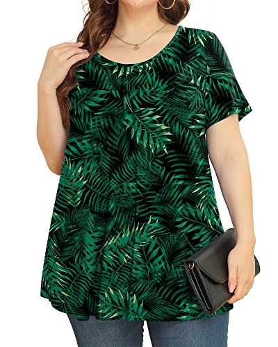 JUEYUN Plus Size Women's 2023 Casual Summer Short Sleeve Tops Loose Flowy Tunic Cute Pleated Flower Print Tee Shirts,Leaf Green,2X-Large