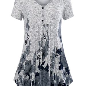 BAISHENGGT Women's V Neck Short Sleeve Buttons Pleated Flared Tunic Tops Grey - Peony XXL