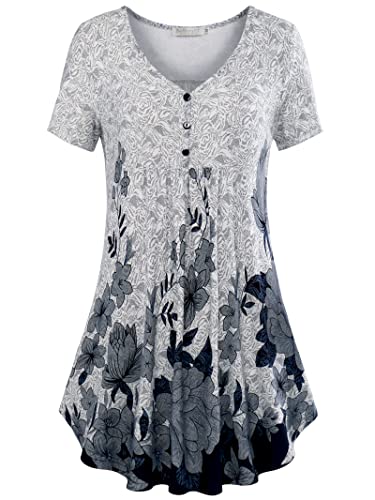 BAISHENGGT Women's V Neck Short Sleeve Buttons Pleated Flared Tunic Tops Grey - Peony XXL