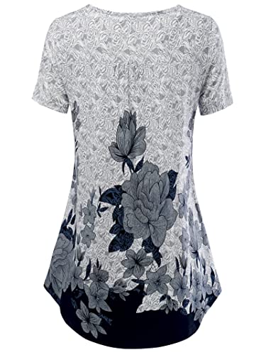 BAISHENGGT Women's V Neck Short Sleeve Buttons Pleated Flared Tunic Tops Grey - Peony XXL