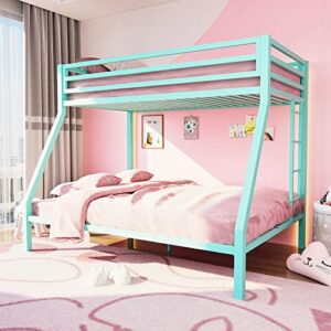 ikalido metal bunk bed, twin over full size beds with sturdy guard rail & removable ladder, space-saving/noise-free/aqua green
