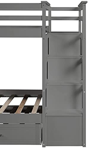 STP-Y Solid Wood Bunk Bed Frame No Box Spring Needed with Guardrails, Ladder and Storage Stairs for and Teens Platform, Twin Over Full, Gray (Color : Grey with Hiden Drawers)