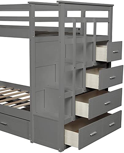 STP-Y Solid Wood Bunk Bed Frame No Box Spring Needed with Guardrails, Ladder and Storage Stairs for and Teens Platform, Twin Over Full, Gray (Color : Grey with Hiden Drawers)